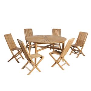 Conjunto de mesa redonda de teca y 6 sillas plegables