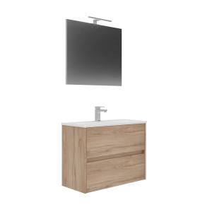 Conjunto de mueble lova de baño con lavabo y espejo roble