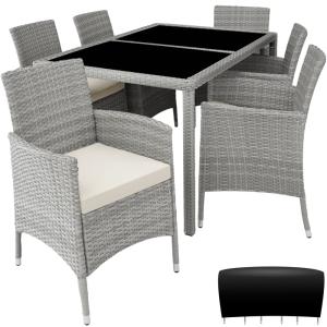 Conjunto de ratán para 6 personas, 1 mesa 6 sillas, gris cl…