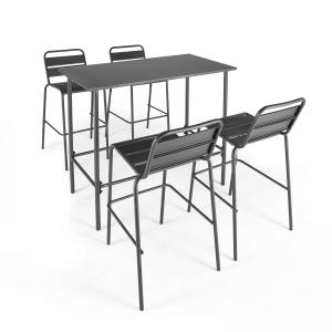 Conjunto mesa alta y 4 taburetes de bar en metal gris