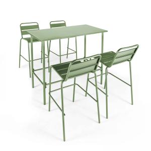 Conjunto mesa alta y 4 taburetes de bar en metal verde cact…