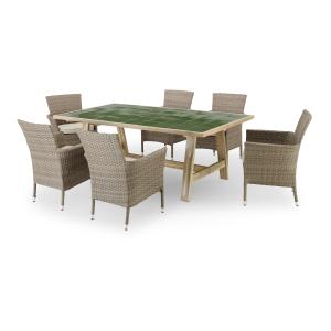 Conjunto mesa cerámica verde 205x105   6 sillas ratán sinté…