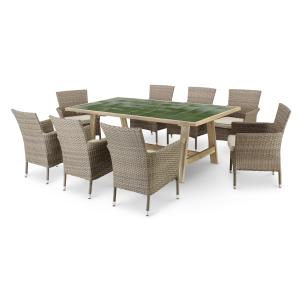 Conjunto mesa cerámica verde 205x105   8 sillas ratán sinté…