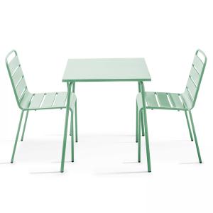 Conjunto mesa de jardín cuadrada y 2 sillas acero verde sal…