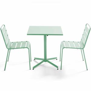 Conjunto mesa de jardín cuadrada y 2 sillas metal verde sal…