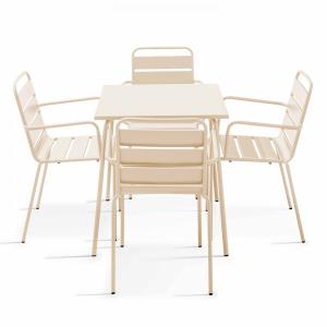 Conjunto mesa de jardín cuadrada y 4 sillas acero marfil