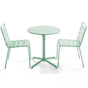 Conjunto mesa de jardín redonda y 2 sillas metal verde salv…