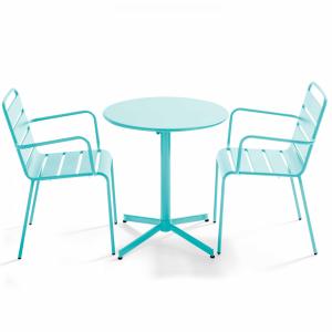 Conjunto mesa de jardín y 2 sillas de metal turquesa