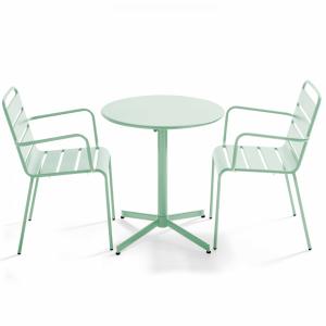 Conjunto mesa de jardín y 2 sillas de metal verde salvia