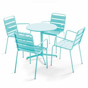 Conjunto mesa de jardín y 4 sillas de metal turquesa