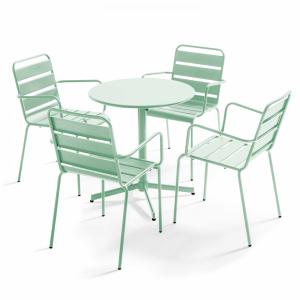 Conjunto mesa de jardín y 4 sillas de metal verde salvia