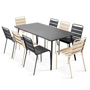 Conjunto mesa de jardín y 8 sillas de metal gris y marfil