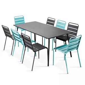 Conjunto mesa de jardín y 8 sillas de metal gris y turquesa