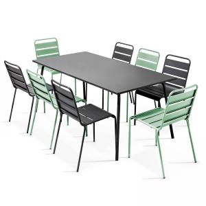 Conjunto mesa de jardín y 8 sillas de metal gris y verde sa…