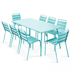 Conjunto mesa de jardín y 8 sillas de metal turquesa