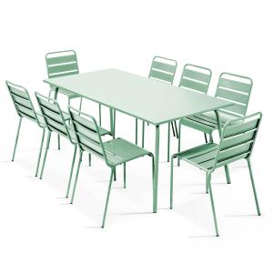 Conjunto mesa de jardín y 8 sillas de metal verde salvia
