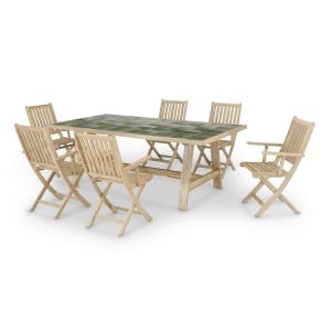 Conjunto mesa en madera y cerámica verde 205x105   6 sillon…