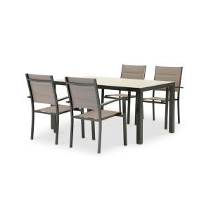 Conjunto mesa fija 160×90 y 4 sillas jardín marrón