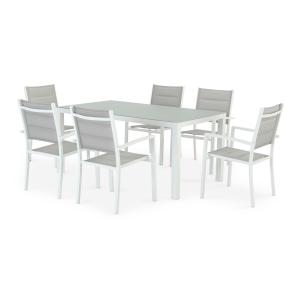 Conjunto mesa fija 160×90 y 6 sillas jardín blanco