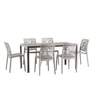 Conjunto mesa rectangular moka y 6 sillas de resina tórtola