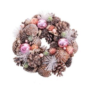 Corona de Navidad con bolas rosa de piñas