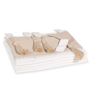 Cortina de algodón blanco y beige con pompones 150x250