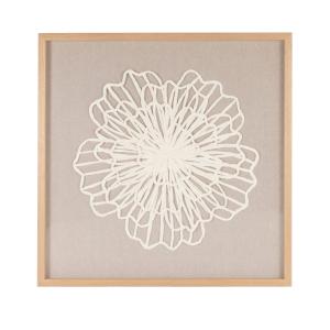 Cuadro acristalado gris con flor blanca bordada 63x63 cm