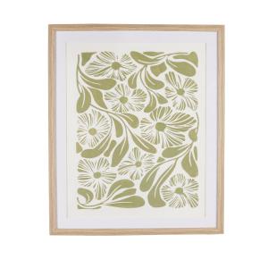 Cuadro bajo vidrio de flores en relieve en verde y blanco d…