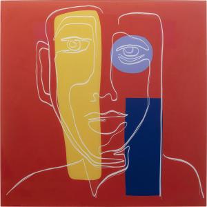 Cuadro facial abstracto con fondo rojo en video 100x100cm