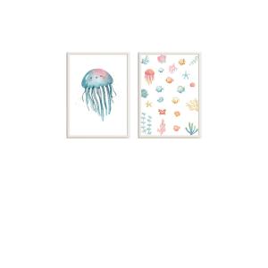 Cuadros infantiles océano y medusa azul multicolor 43x33