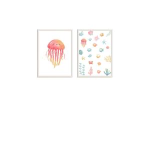 Cuadros infantiles océano y medusa rosa multicolor 43x33