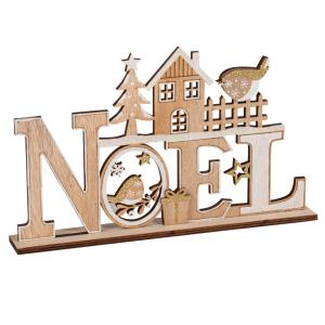 Decoración con la palabra Noël, una casa y un pájaro en bei…