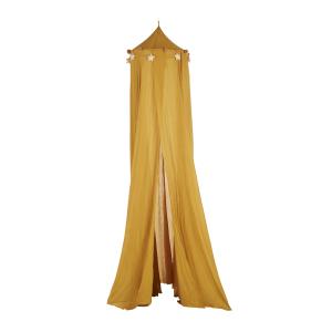 Dosel amarillo mostaza con colgantes de estrellas y pompones
