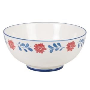 Ensaladera de cerámica blanca y flores azul y rojo