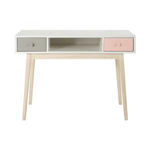 Escritorio vintage blanco con 2 cajones gris y rosa