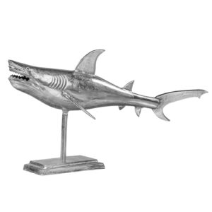 Escultura de tiburón plateada, 68x39 cm, aluminio