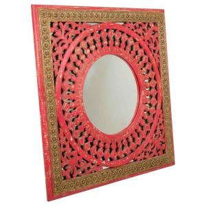 Espejo de madera artesanal  rojo 60,5x1,5x60,5 cm