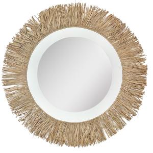Espejo decorativo de madera blanca y flecos de rafia 65 cm