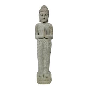 Estatua de piedra volcánica buda de pie posición de rezo 1,…