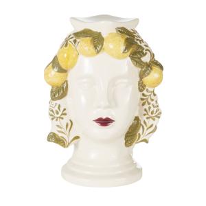 Estatuilla de rostro, hojas y limones en gres blanca Alt 34…