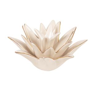 Estatuilla flor de gres color marfil con borde dorado, altu…