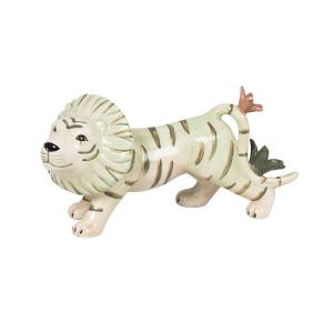 Estatuilla león de cerámica verde, rosa y dorado, altura 12…