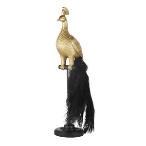 Figura de pavo real dorado sobre base negra con plumas negr…