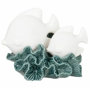 Figura de peces y coral de porcelana blanca y verde Alt. 16