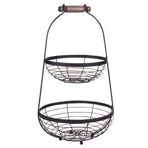 Frutero doble de metal negro y asa de madera de eucalipto