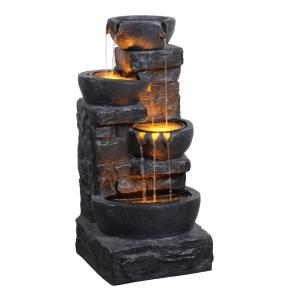Fuente de jardín cascada de 4 niveles con luz led gris oscu…