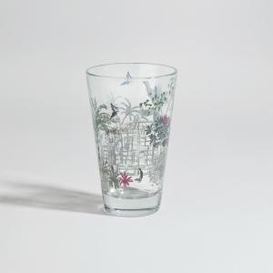 Jarra de vidrio transparente con dibujo multicolor