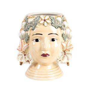 Jarrón con forma de cara y flores de loza multicolor Alt 25…