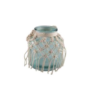 Jarrón de vidrio verde agua macramé h.16.5cm