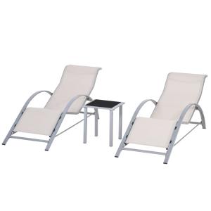 Juego de 2 tumbonas y mesa de jardín 59x169x66 cm crema